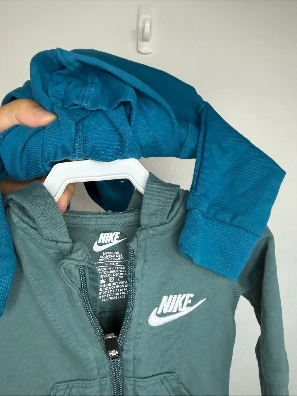 Nike Teal Blue Hooded Baby One-Piece with White Swoosh